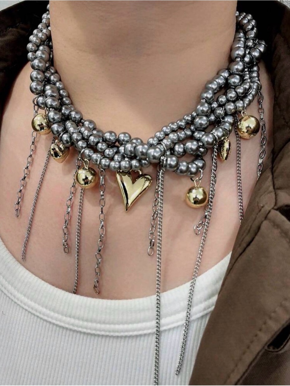 Silver Beaded Heart Charm Statement Necklace